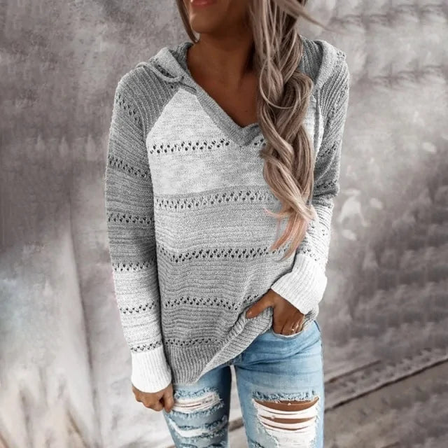 Patchwork Hooded Long Sleeve Sweater