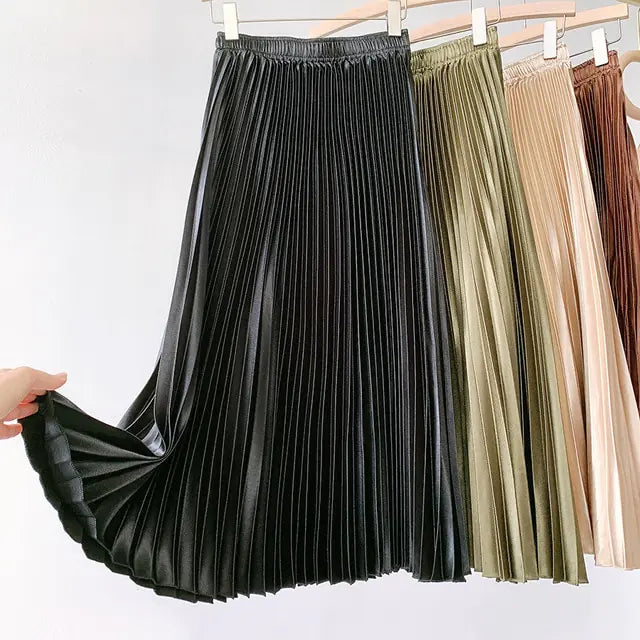 High Waist Satin Pleated Skirt