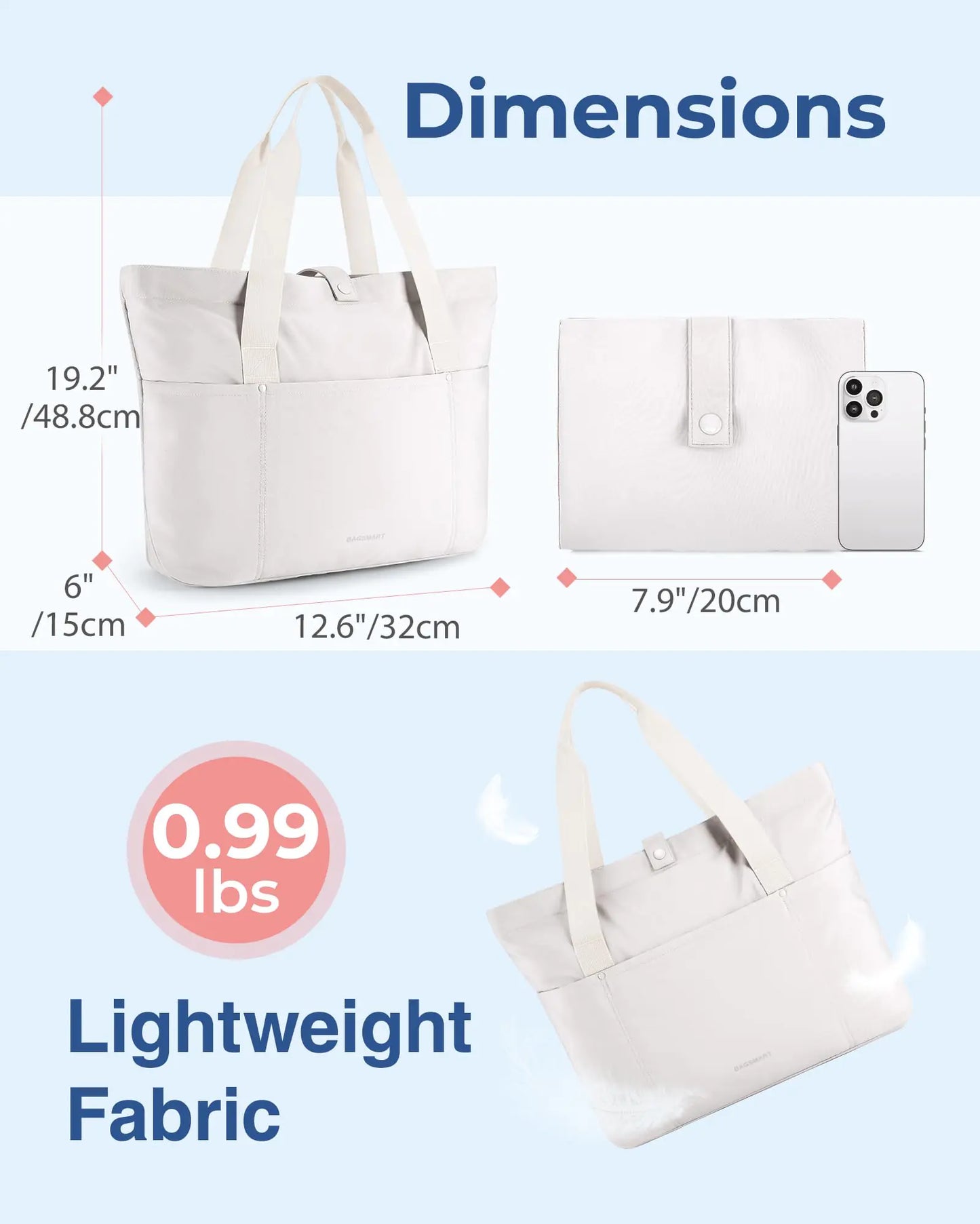 BAGSMART Tote Bag for Women, Foldable Tote Bag With Zipper Large Shoulder Bag Top Handle Handbag for Travel, Work Beige